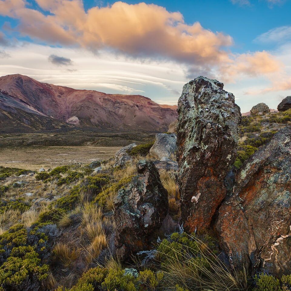 Lenticular clouds and rock formation in Patagonia