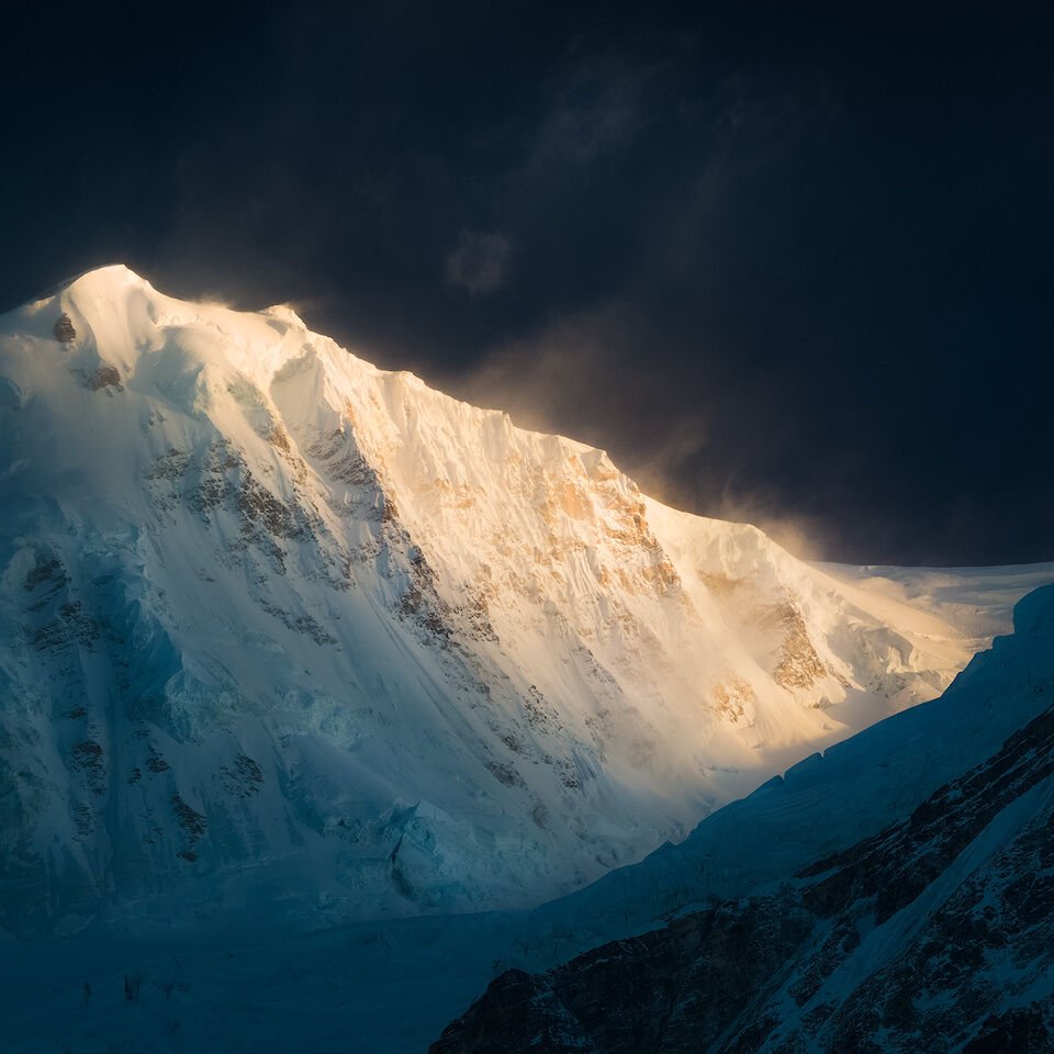 Warm sunrise light on Kabru South in Khangchendzonga National Park