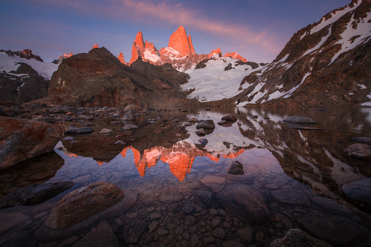 Reflection of Fitz Roy in Laguna de los Tres at sunrise