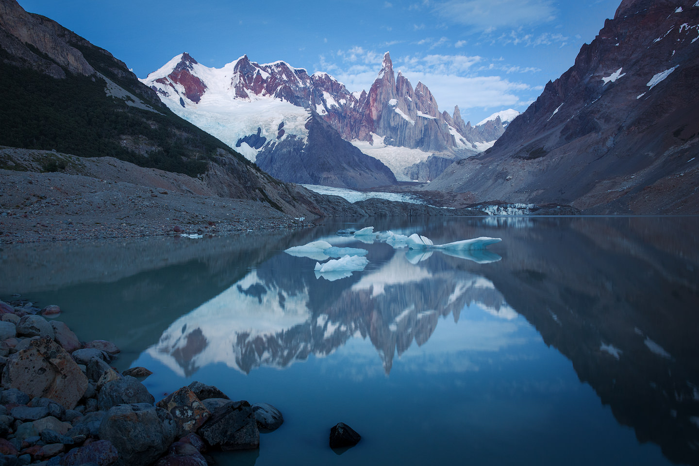 Reflection of Cerro Torre in Lagune Torre during blue hour