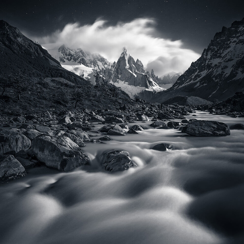 Stars and moonlight above Cerro Torre, Patagonia.