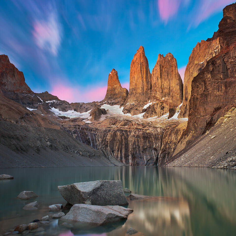 Long exposure of a sunrise at Torres del Paine